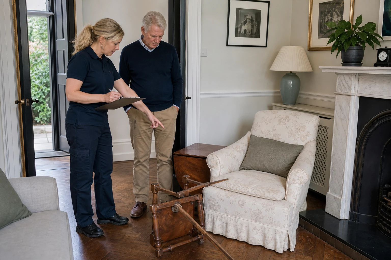 Removal team checking wardrobe dimensions and stair access with a homeowner