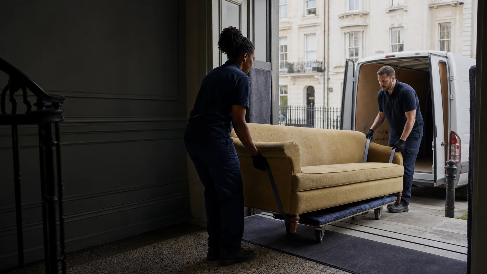 Removal professionals carrying a protected sofa from a London home for disposal