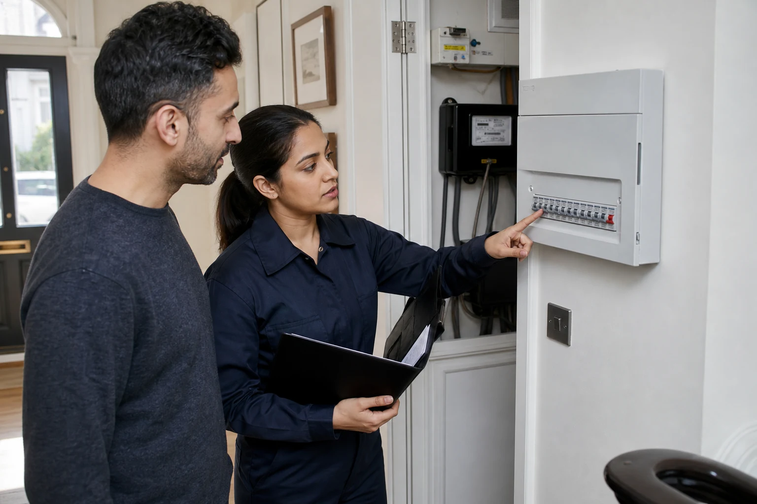 Electrician explaining consumer unit protection and circuit schedule to a homeowner