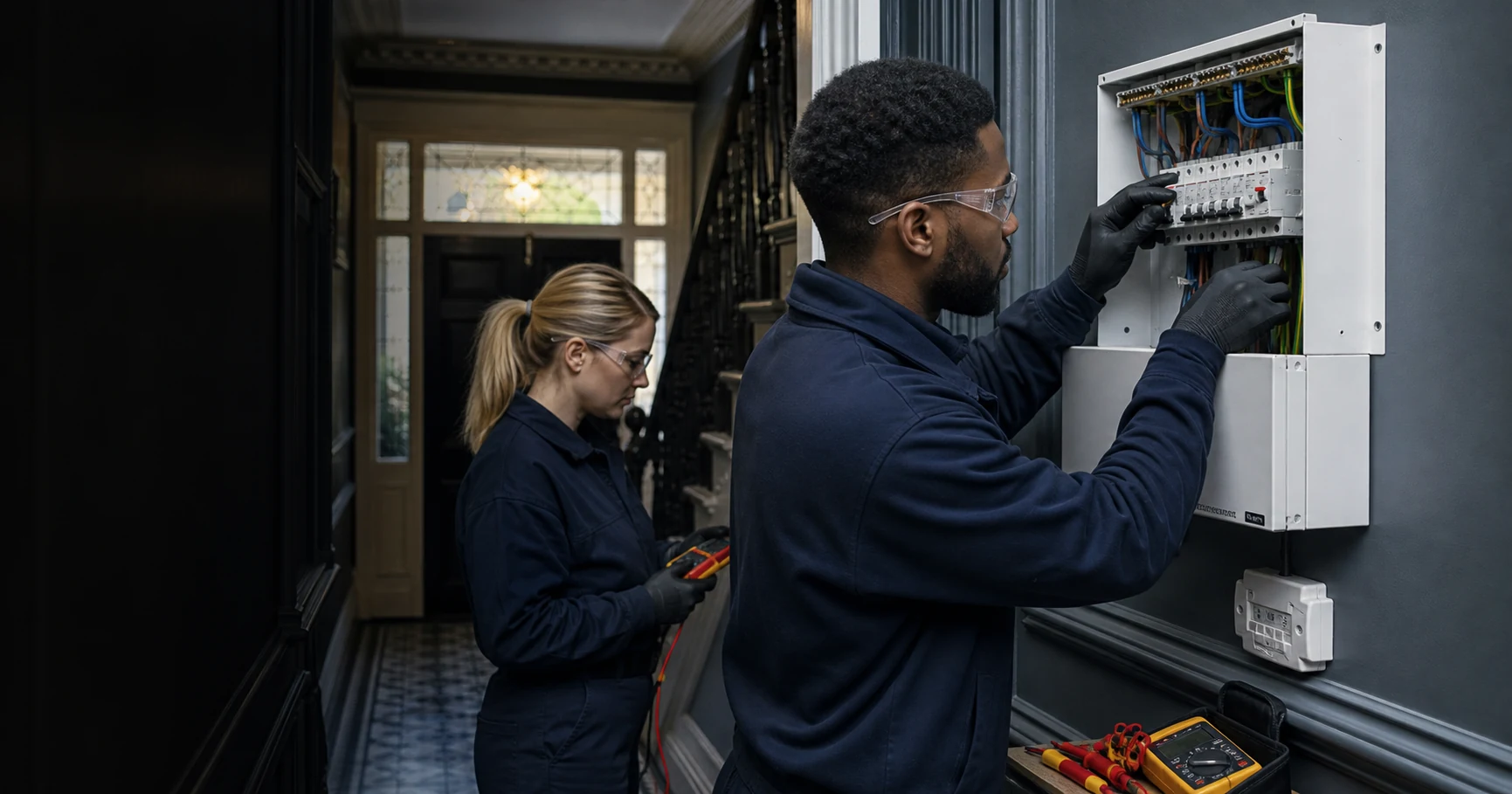 Electrician replacing a consumer unit in a London home