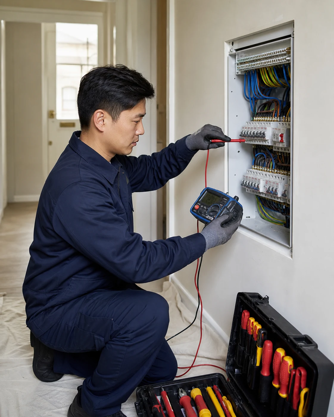 Electrician terminating and labelling circuits inside a modern metal consumer unit
