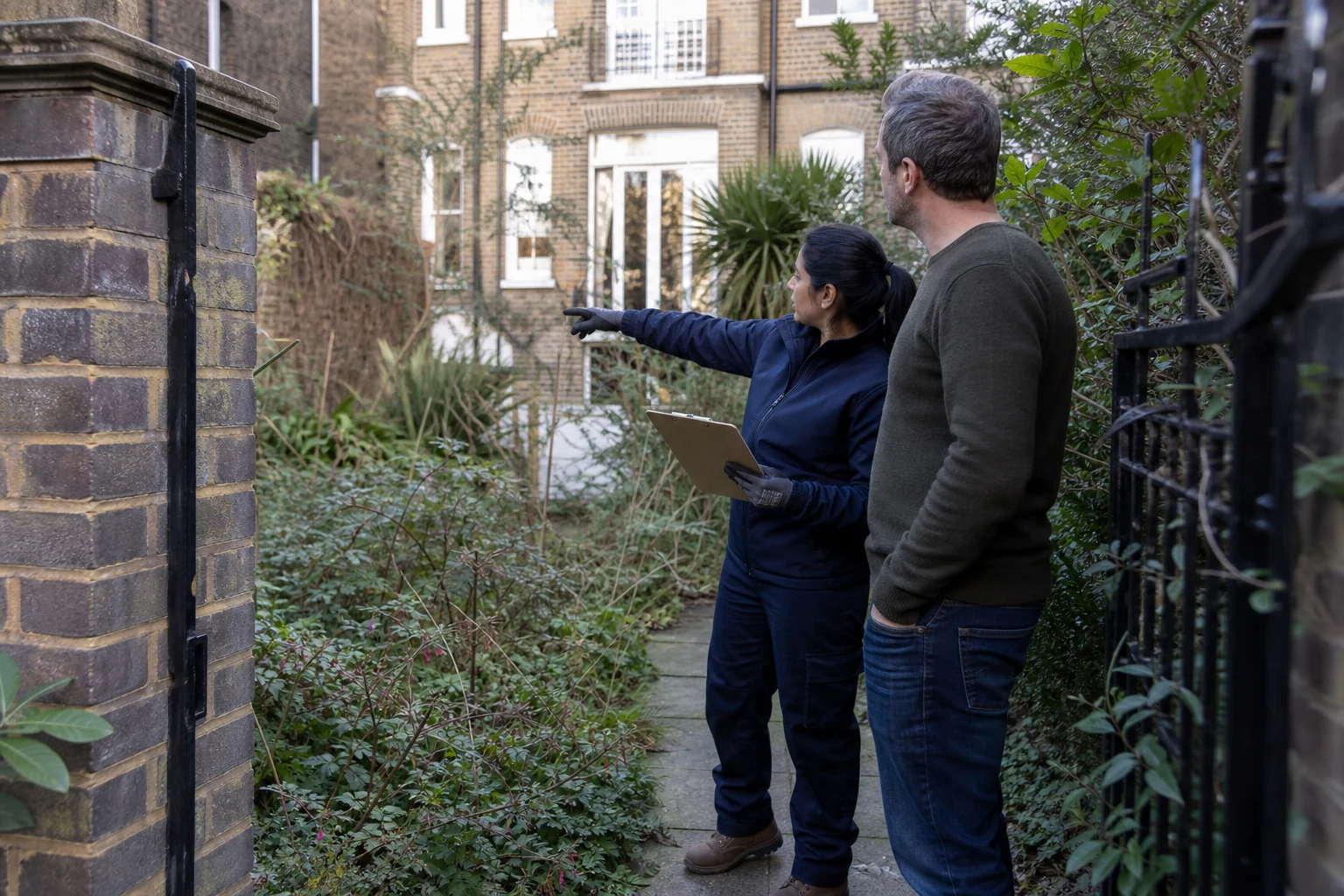 Gardener reviewing a garden clearance plan with a homeowner