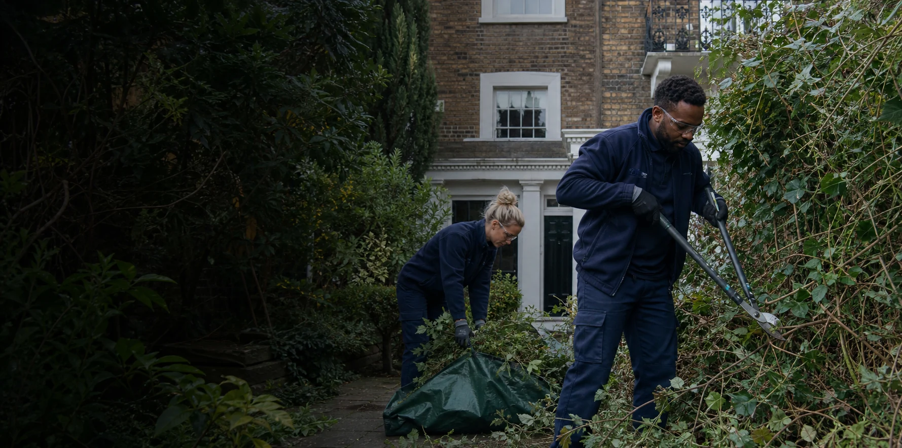 Garden clearance team cutting back overgrowth in a London garden