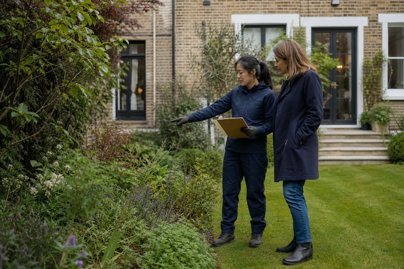 Gardener reviewing seasonal maintenance priorities with a homeowner in a London garden