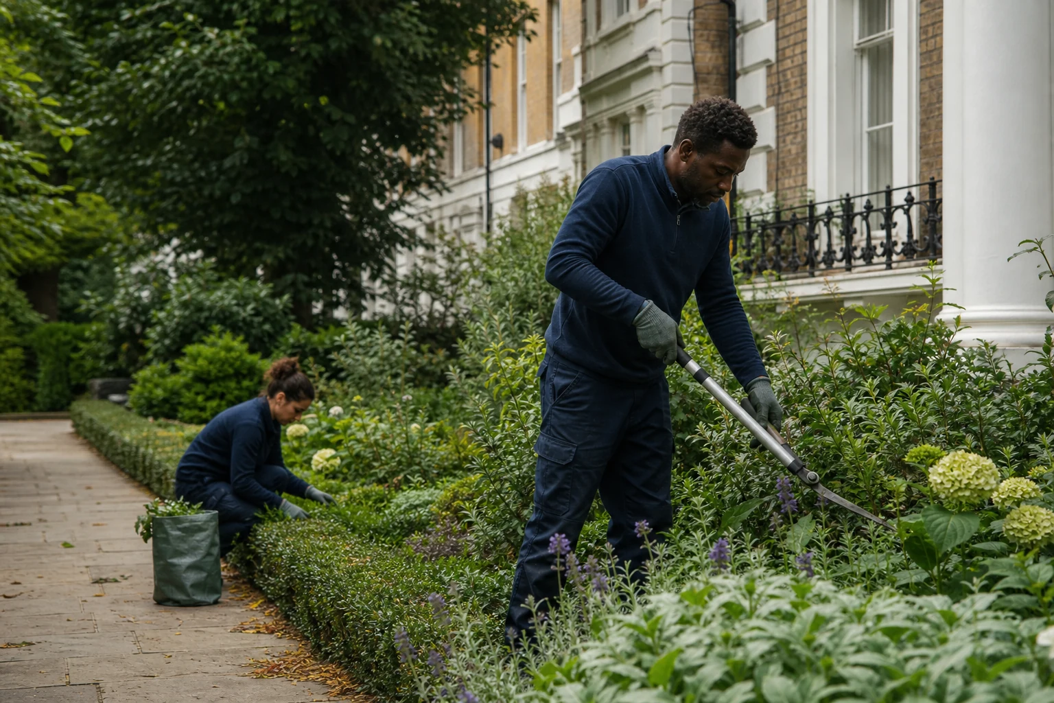 Garden professional maintaining borders beside a London townhouse