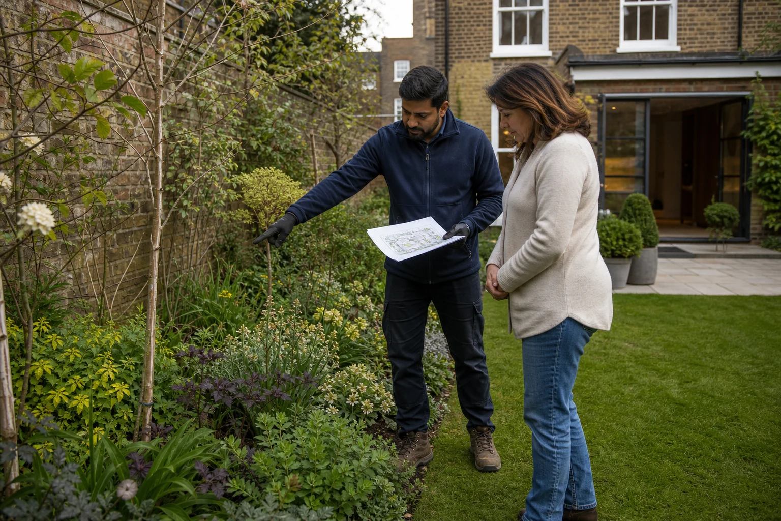 Garden professional discussing planting and maintenance priorities with a homeowner
