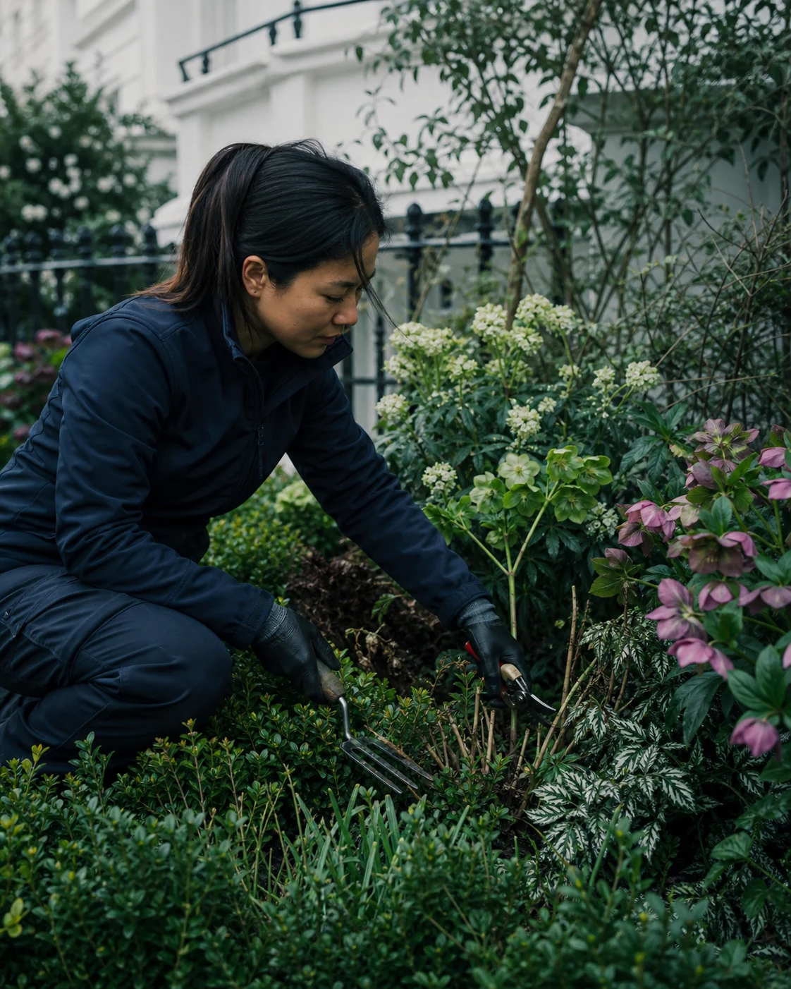 Gardener using hand tools to tidy a planted border and protect established plants