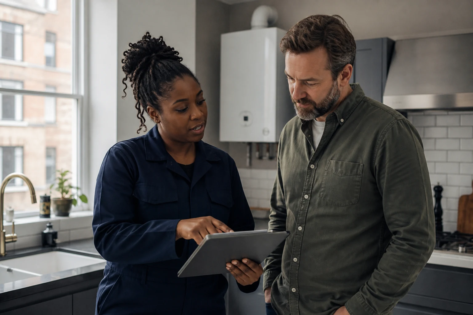 Gas engineer explaining a landlord gas safety record to a property owner