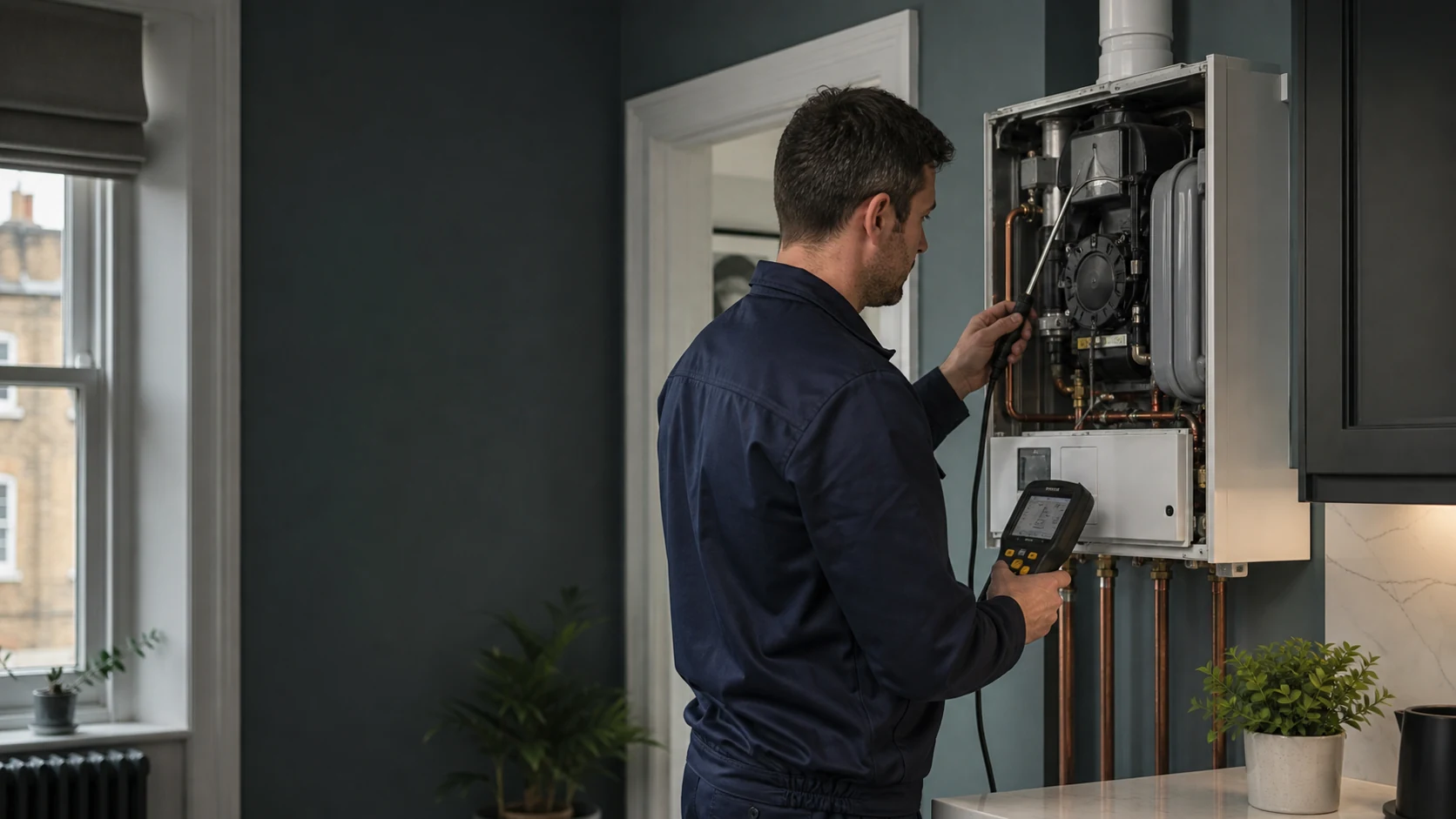 Gas Safe registered engineer testing a domestic boiler in a London rental property