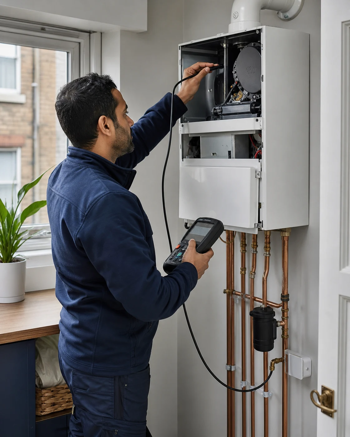 Gas engineer carrying out combustion and flue checks beside a residential boiler