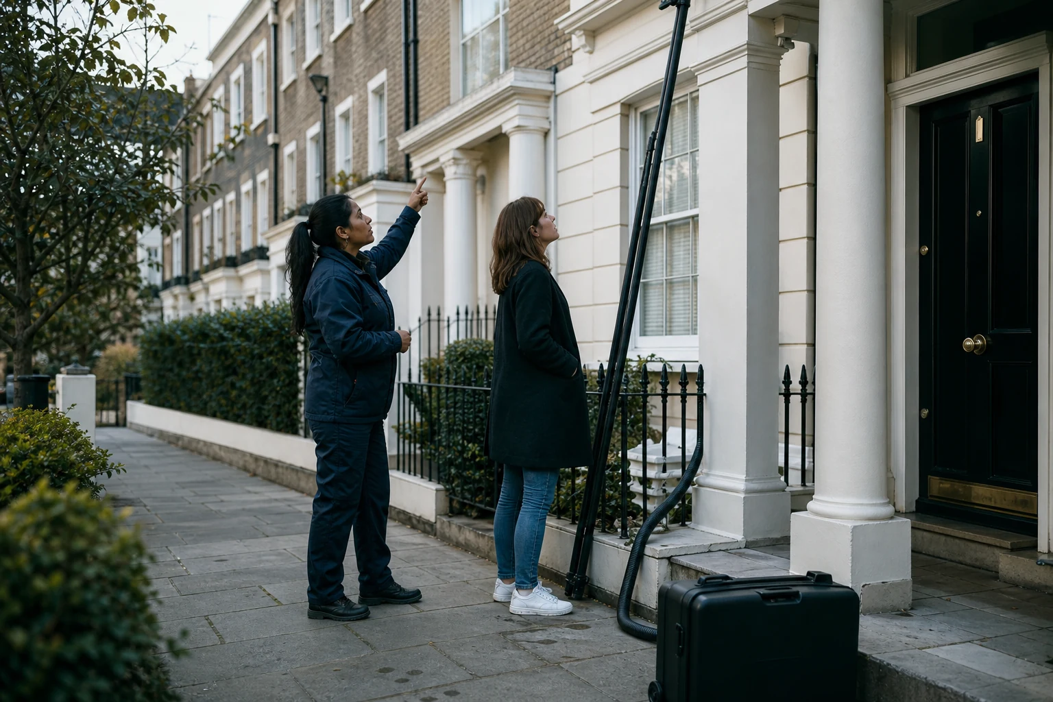 Exterior maintenance specialist reviewing gutter access with a London homeowner