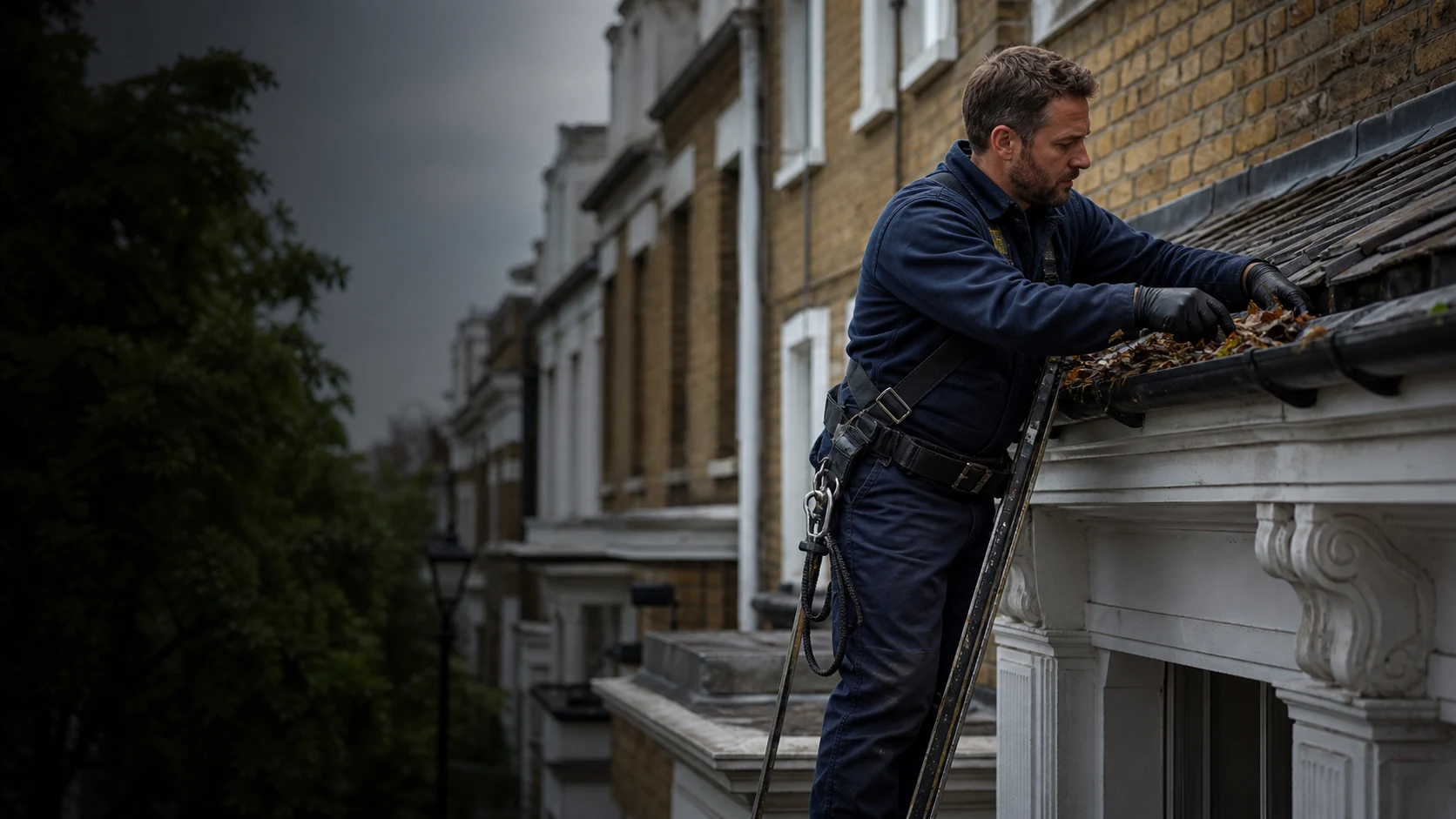 Gutter cleaning professional safely clearing leaves from a London townhouse roofline