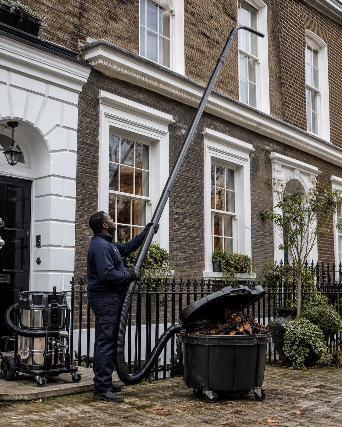 Technician using a gutter vacuum system to remove compacted roofline debris from ground level