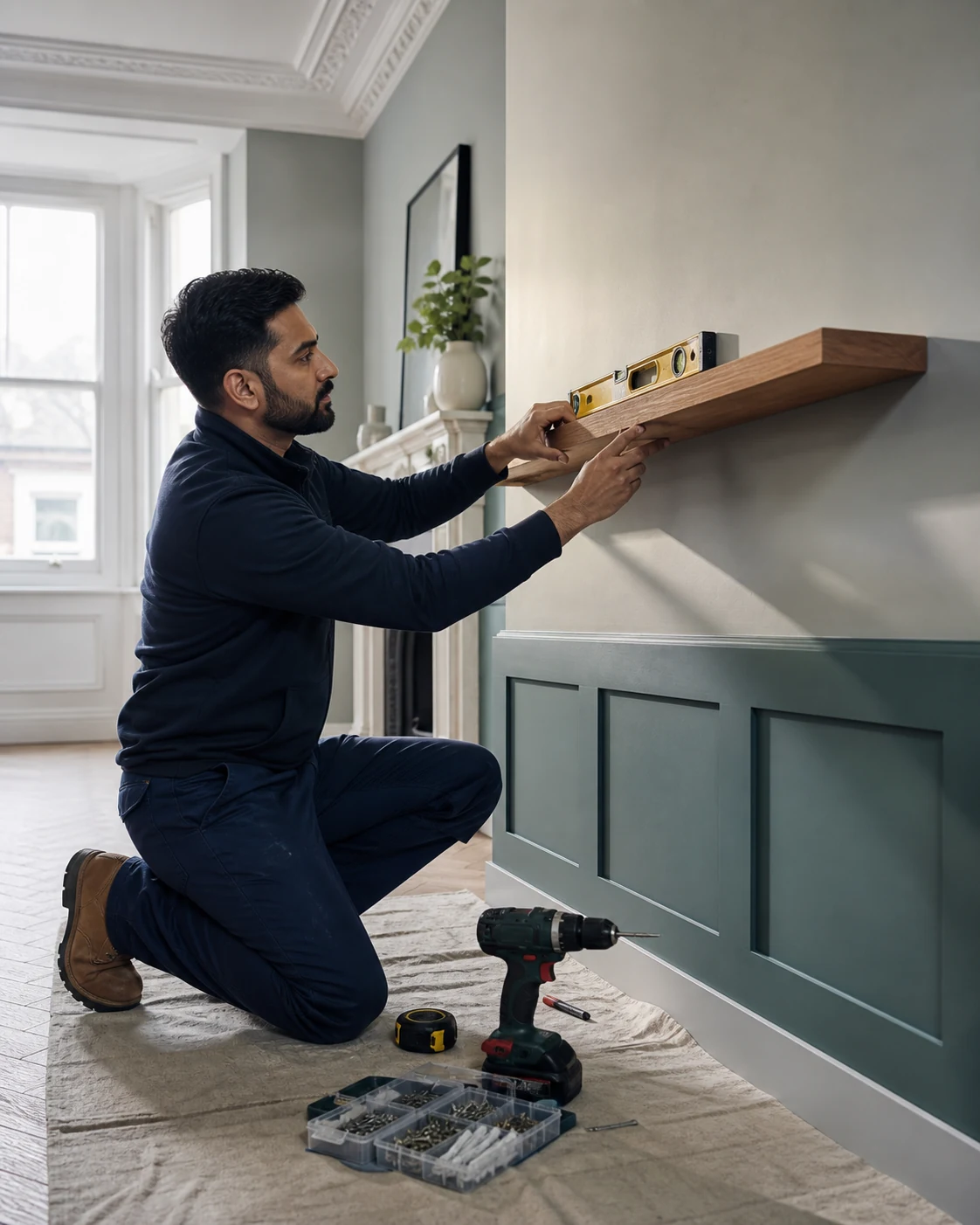 Handyman measuring and securely mounting a timber shelf on an interior wall
