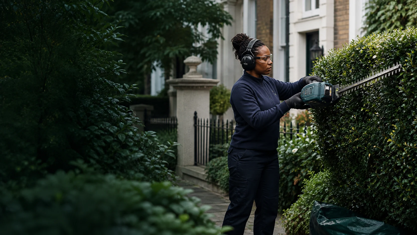 Gardener trimming a dense hedge beside a London townhouse garden