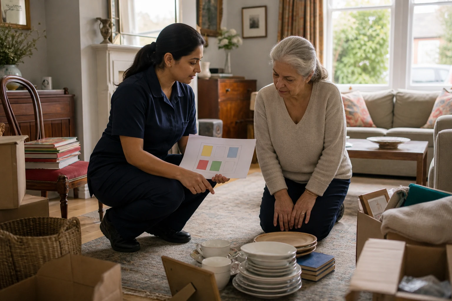 Clearance coordinator reviewing keep and remove labels with a homeowner in an interior room