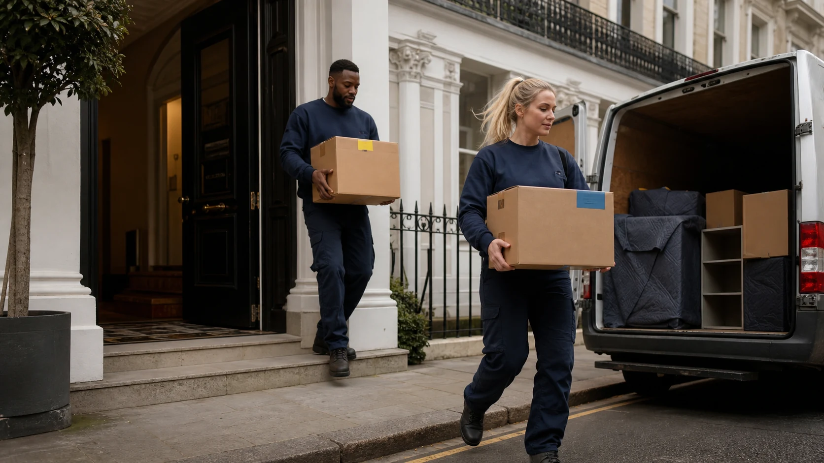 House clearance professionals carrying boxed household items from a London property