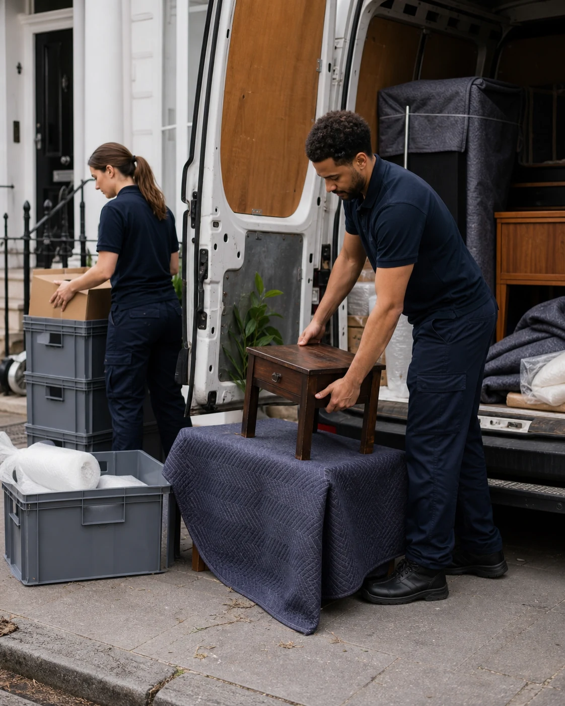 House clearance team sorting furniture and boxed items beside a removal vehicle
