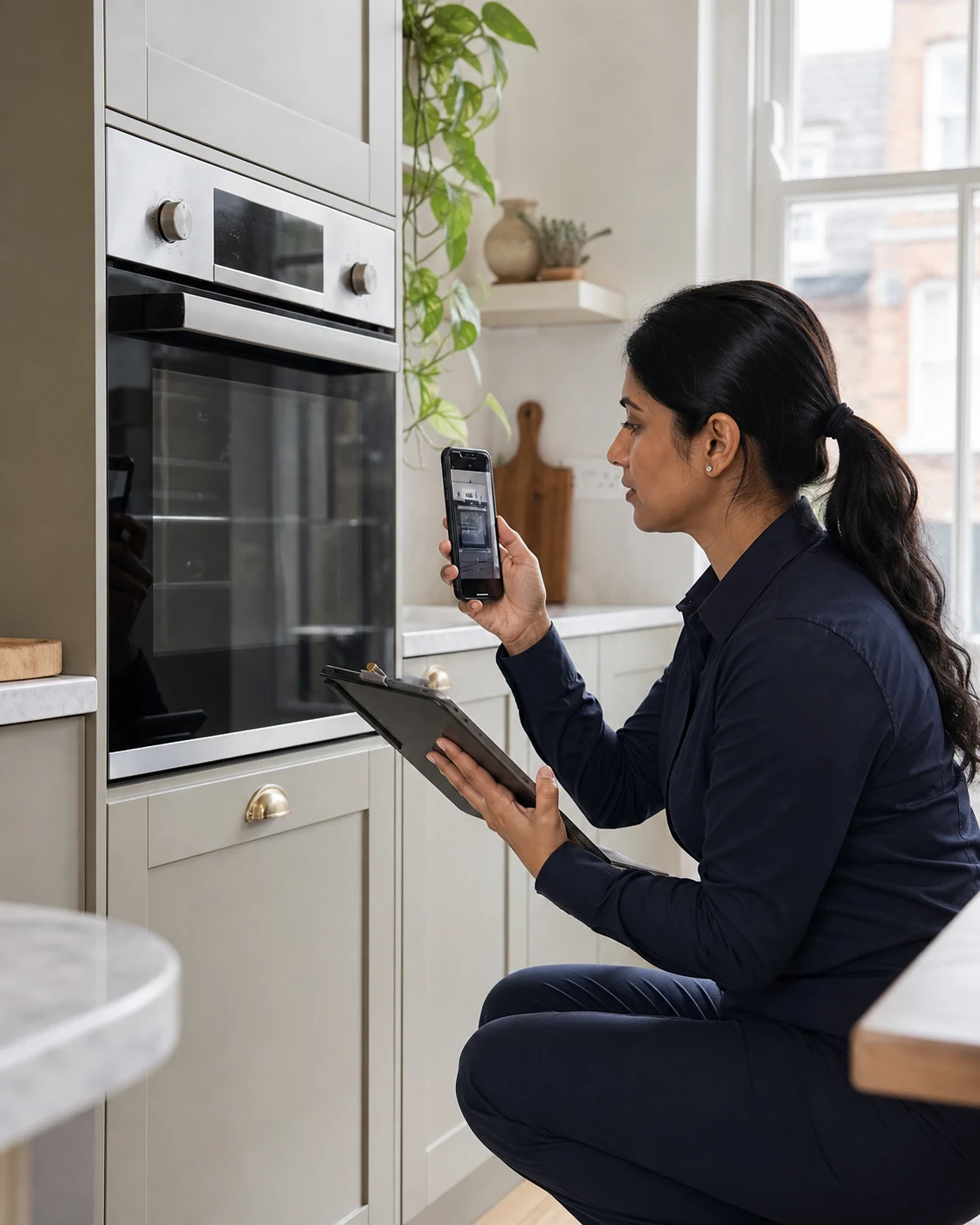 Inventory clerk photographing appliance condition and recording notes on a tablet
