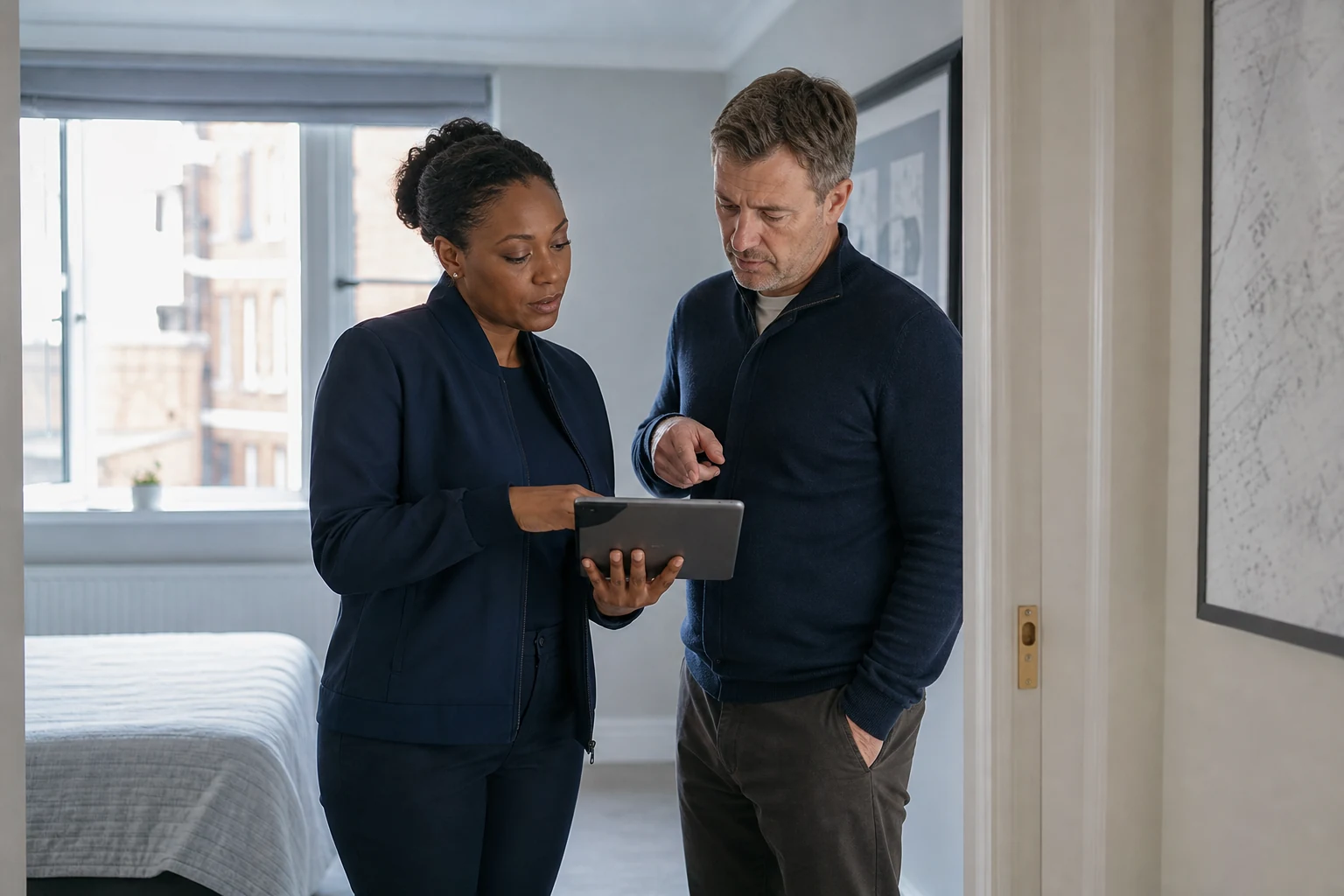 Inventory professional reviewing a room report with a landlord in a London property