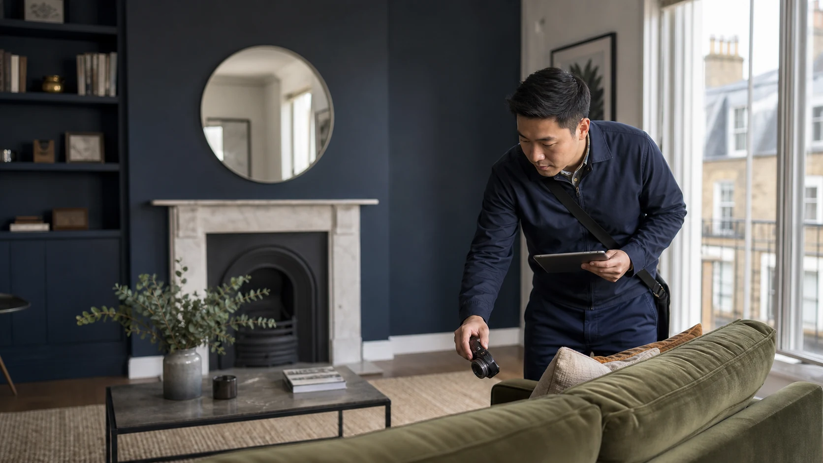 Inventory clerk photographing the condition of a furnished London rental flat