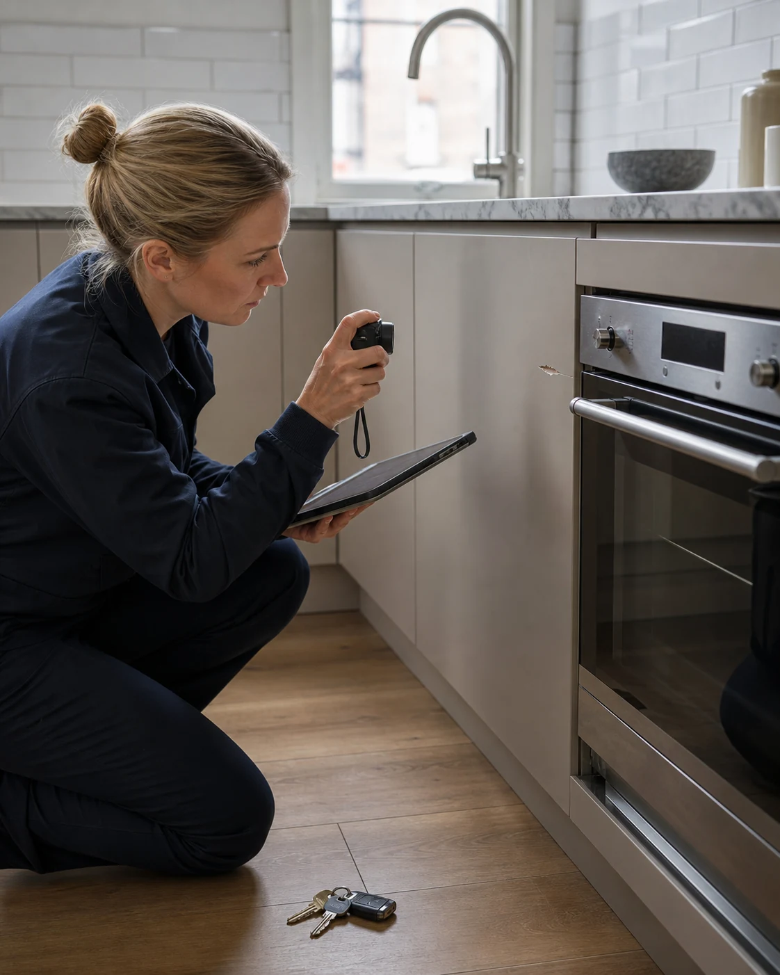Inventory clerk documenting appliance details and existing marks in a rental kitchen