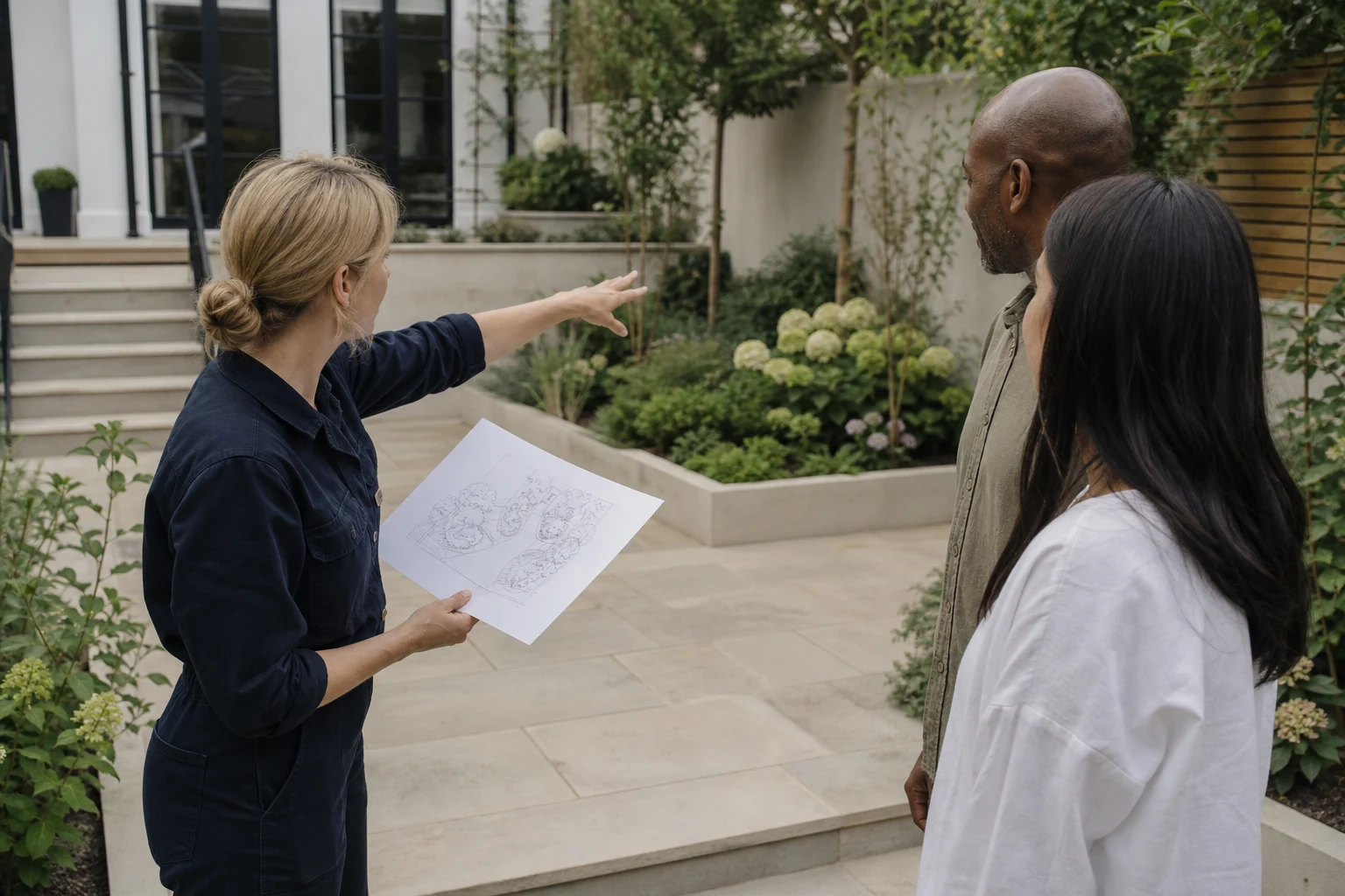 Landscape designer discussing paving and planting plans with homeowners in their garden