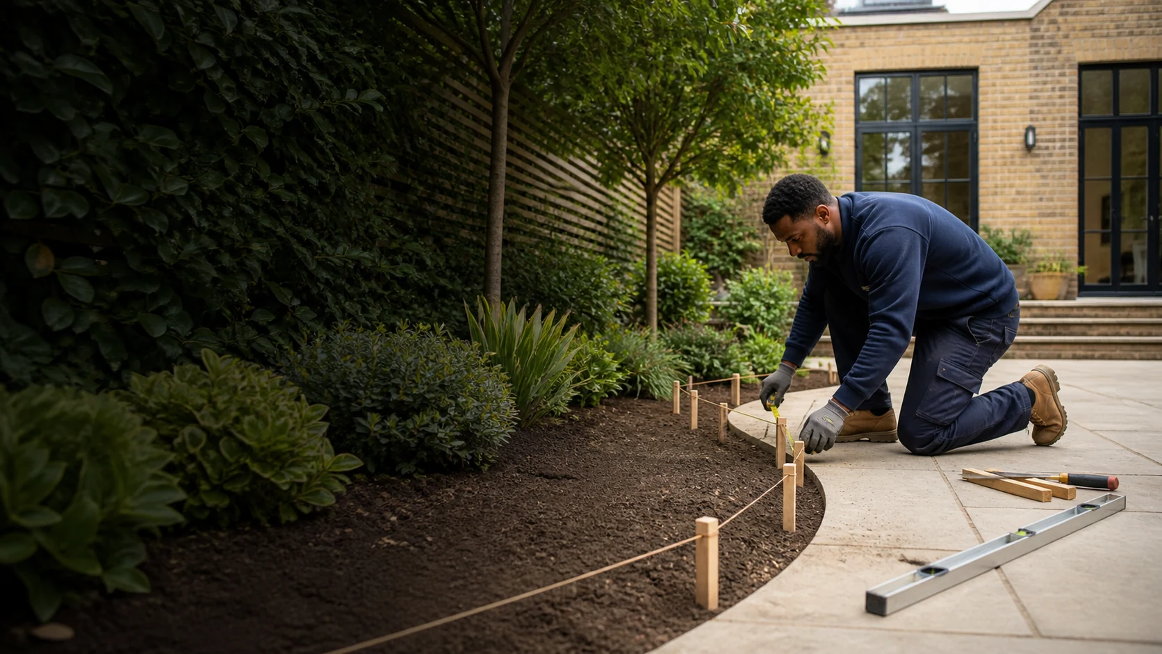 Landscaping professional setting out a new garden border at a London townhouse