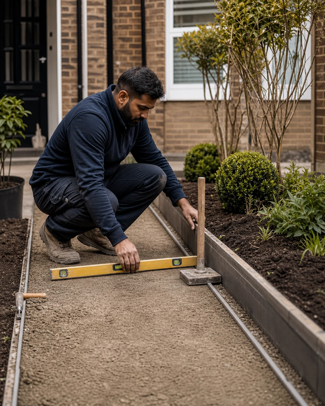 Landscaper preparing a level base for a garden path beside newly formed planting beds