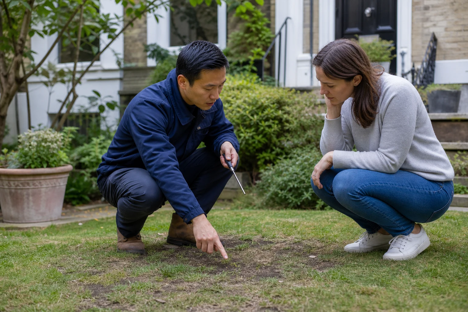 Gardener discussing thin and shaded lawn areas with a homeowner