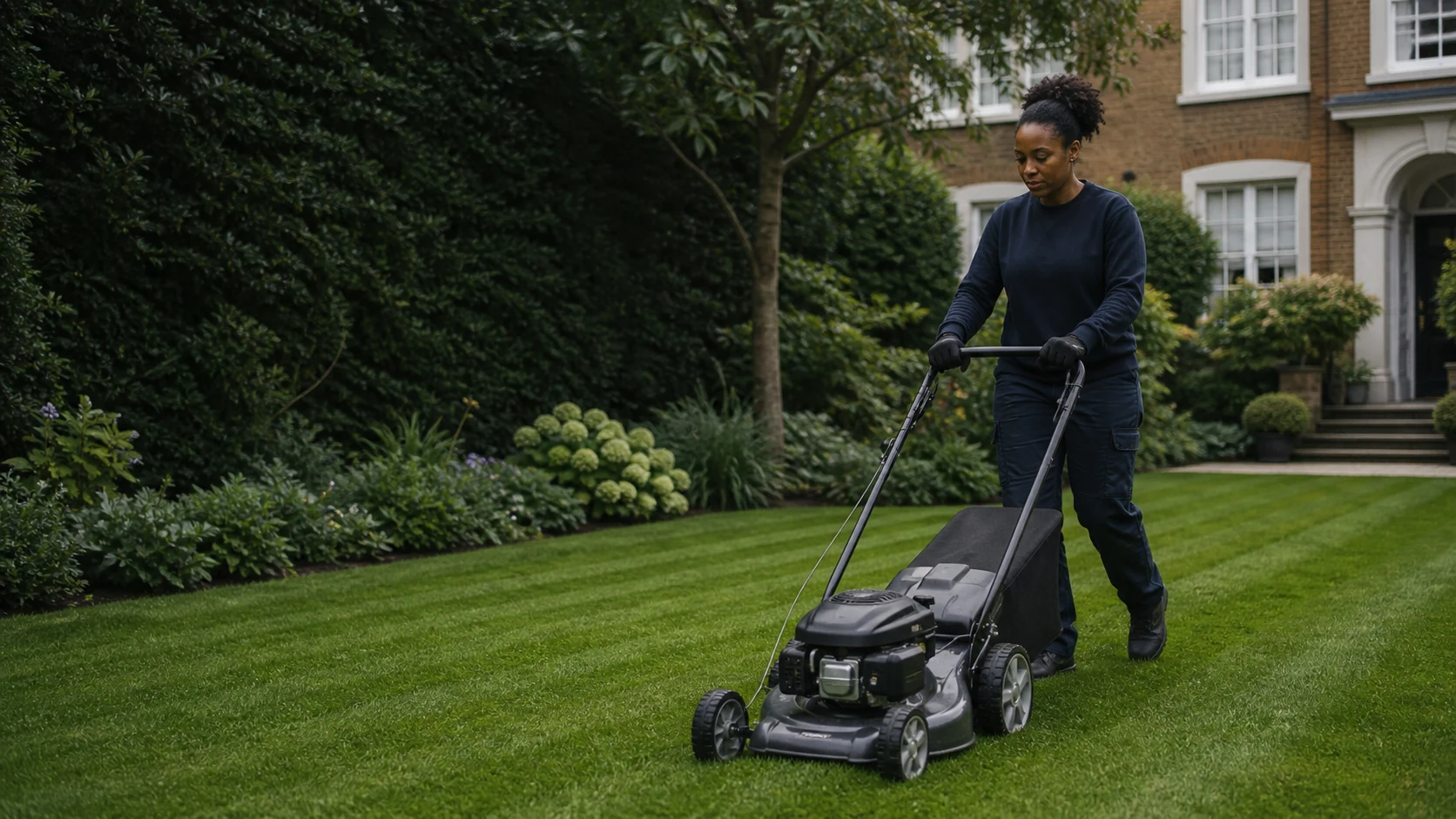 Lawn care professional mowing a well-kept garden behind a London townhouse