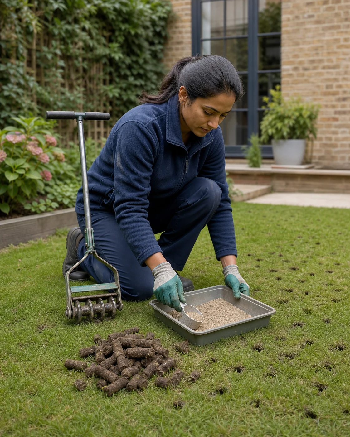 Lawn specialist aerating compacted grass and preparing seed for worn patches
