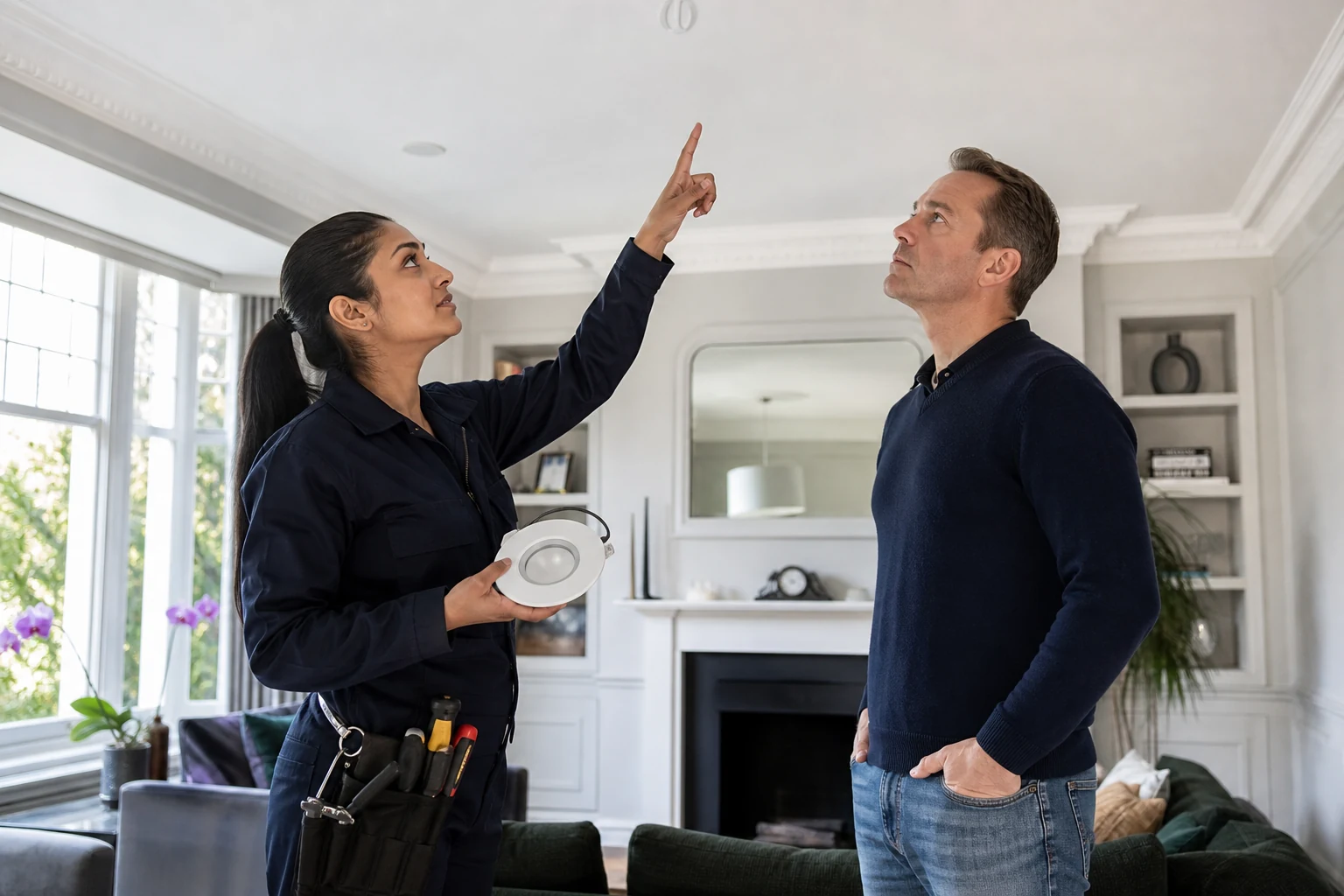 Electrician reviewing a new ceiling light specification with a homeowner