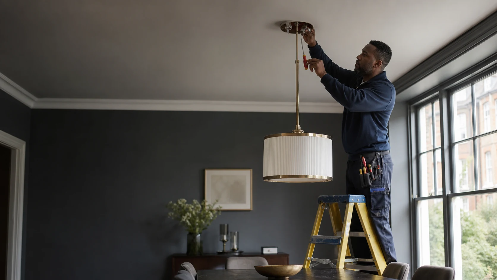 Electrician installing a pendant light in a contemporary London dining room