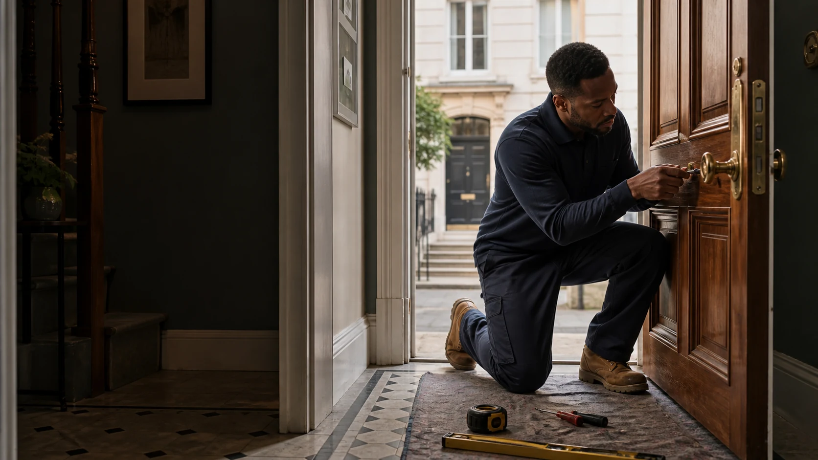 Locksmith repairing a faulty front door lock in a London home