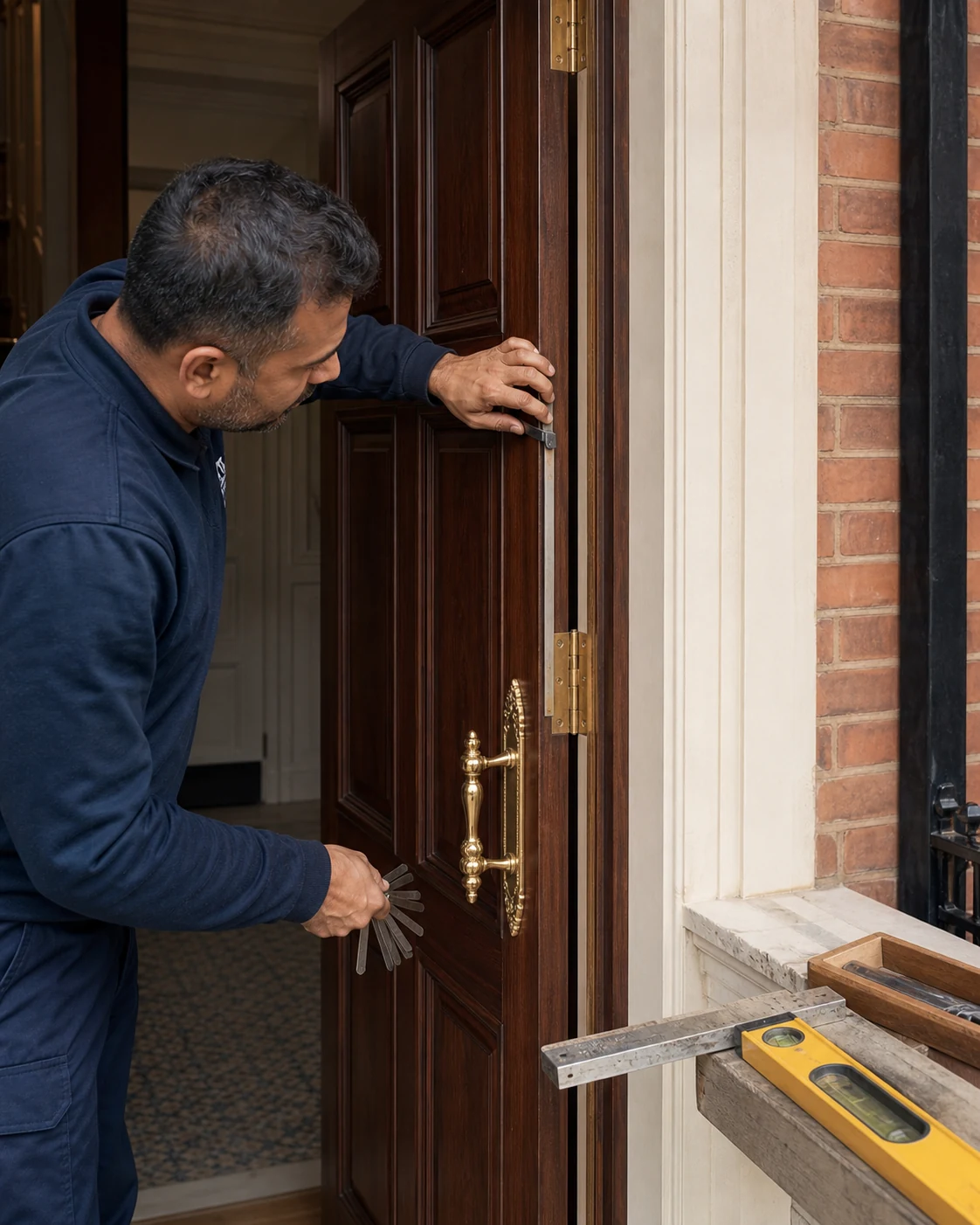 Locksmith testing a repaired multipoint locking mechanism and door alignment