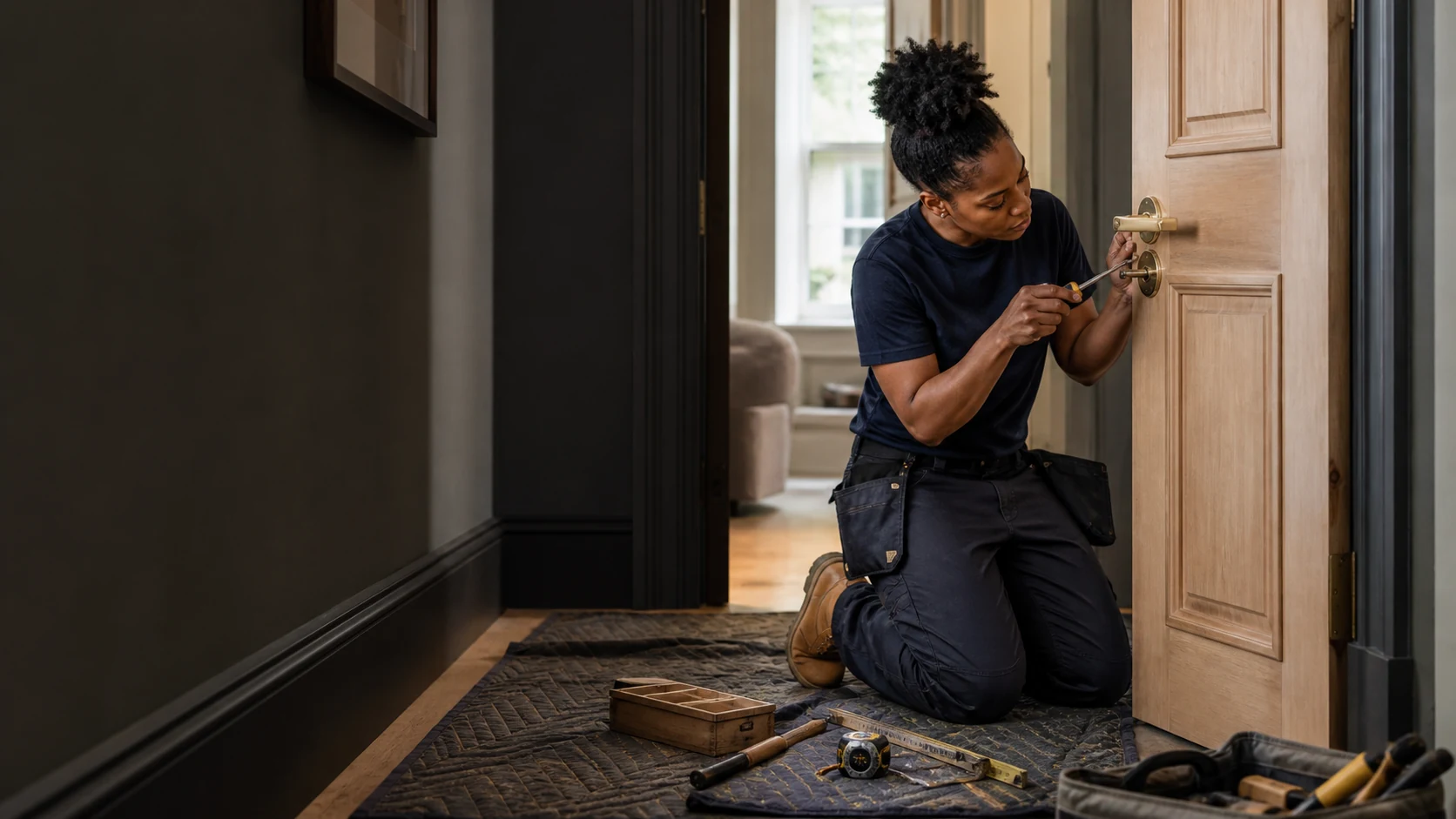 Locksmith installing a new security lock on a London residential front door