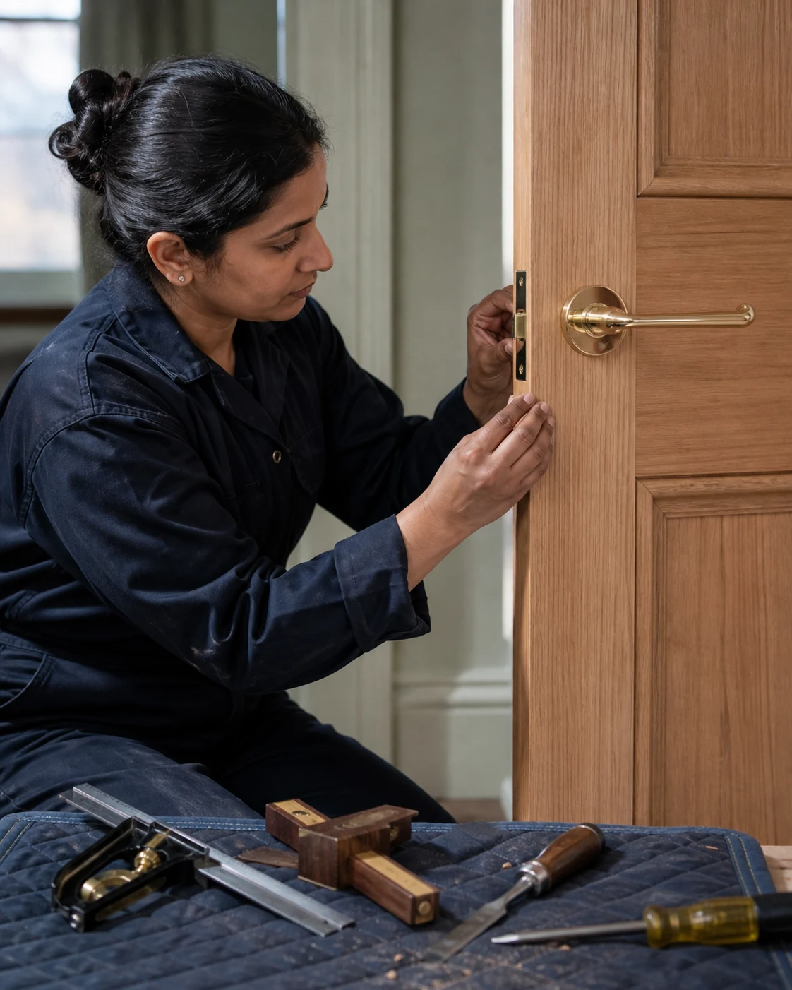 Locksmith accurately fitting and aligning a new mortice lock and frame keep