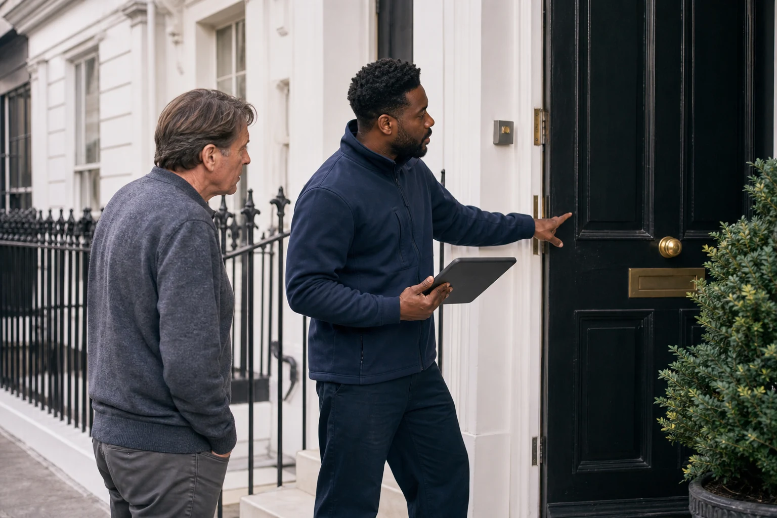 Locksmith confirming door and lock details with a locked-out homeowner