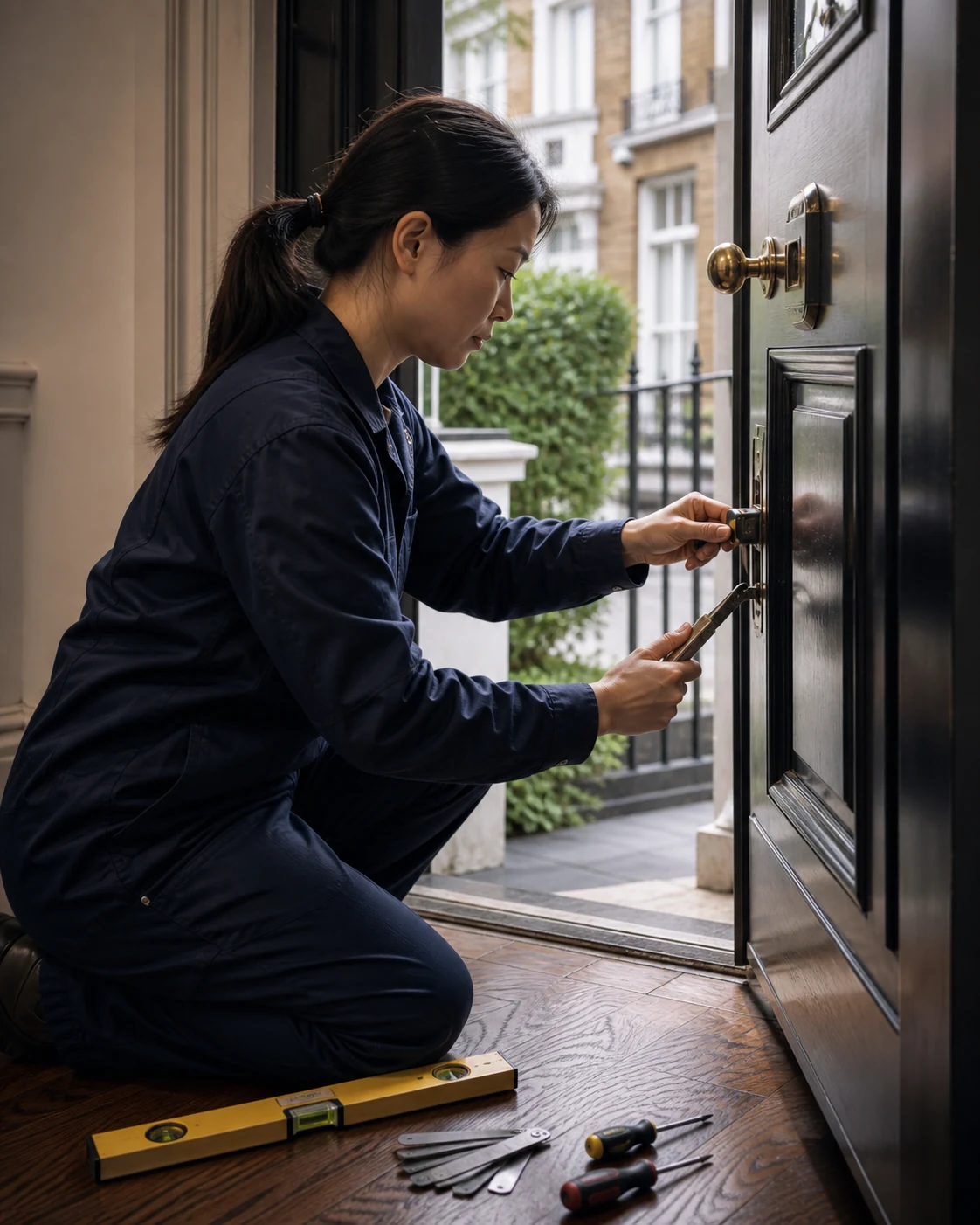 Locksmith using professional non-destructive tools on a residential door lock