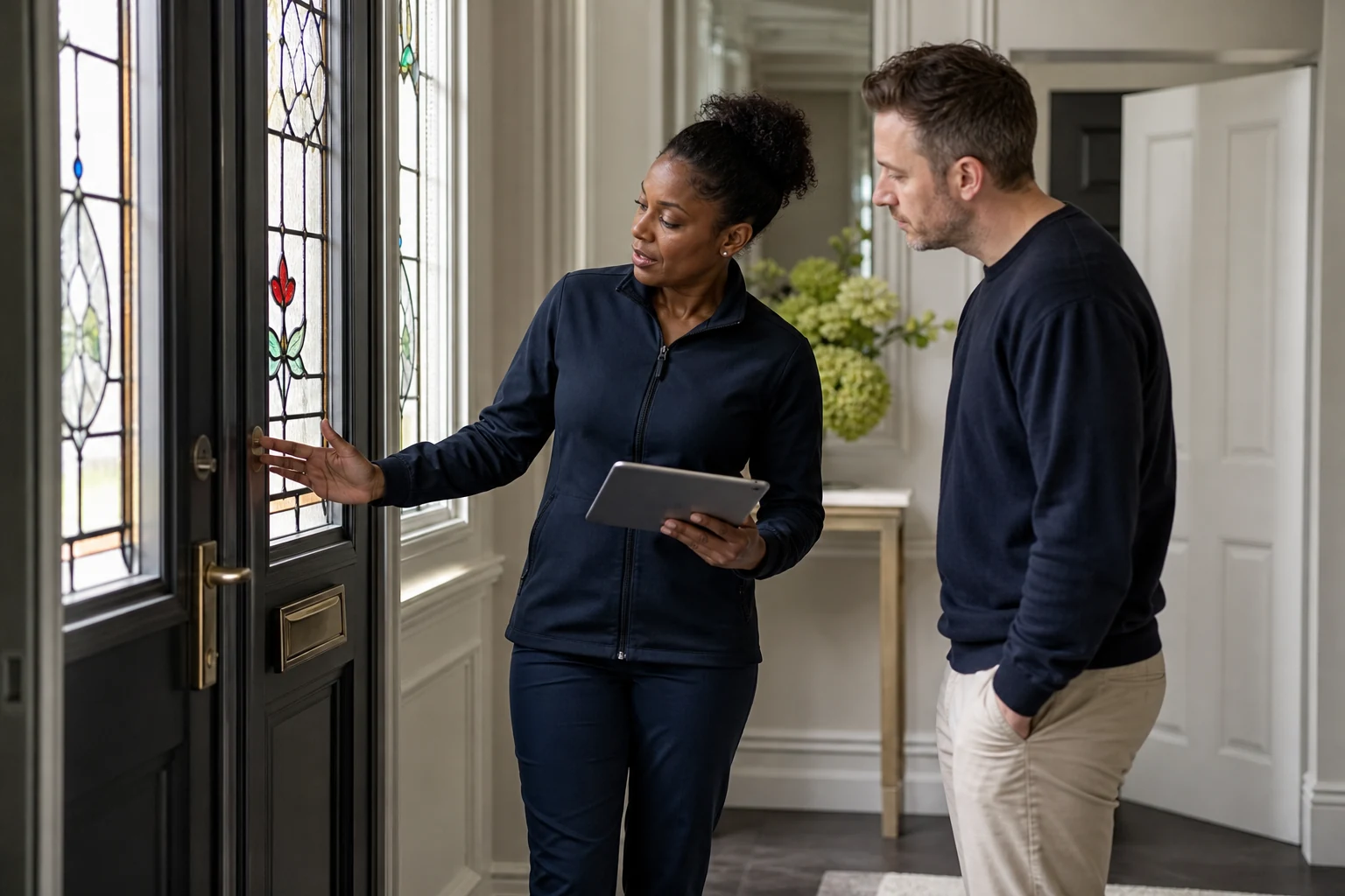 Locksmith discussing door security and key requirements with a homeowner