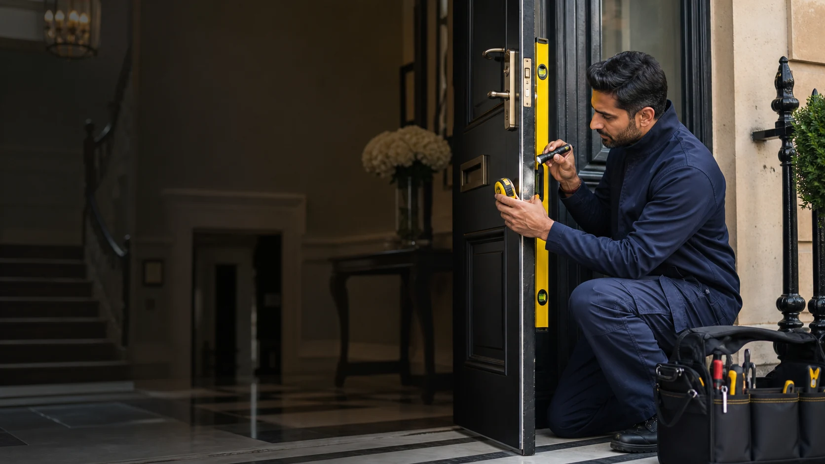 Residential locksmith assessing a front door lock at a London property