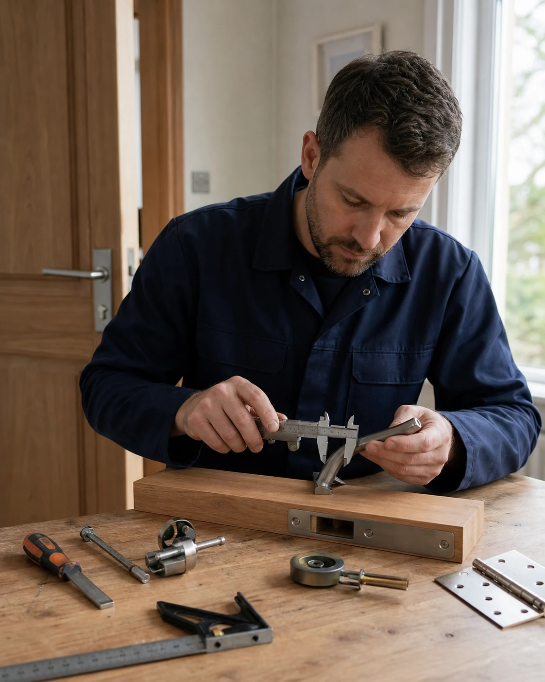 Locksmith measuring and testing residential lock hardware at a workbench