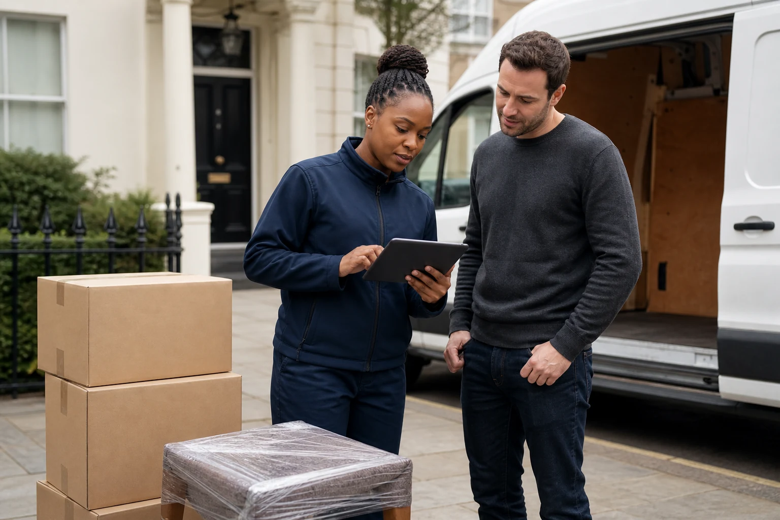 Moving professional reviewing a small-move inventory with a customer beside a van