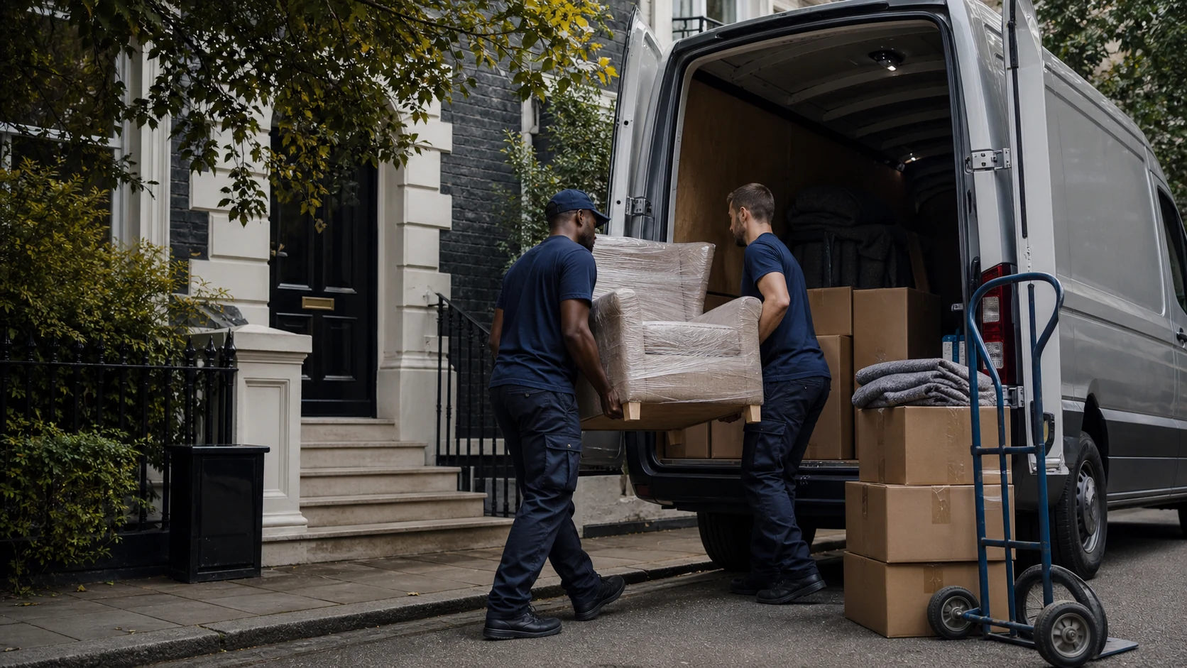 Man and van team loading protected household furniture outside a London townhouse