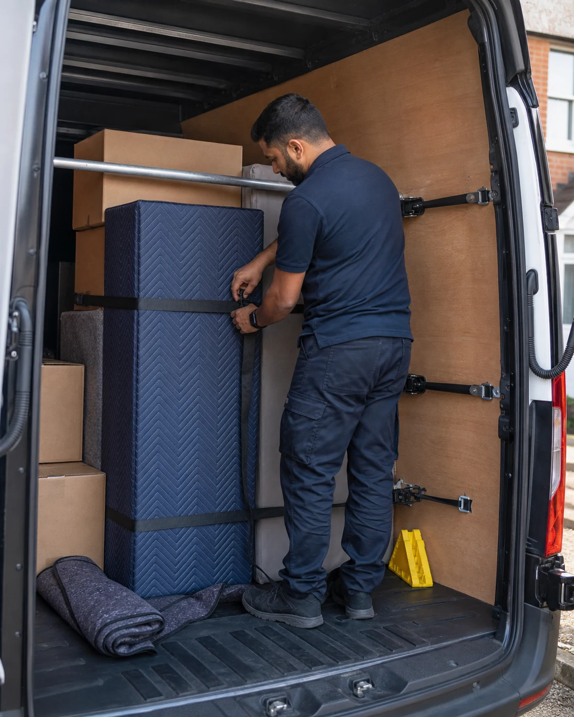 Mover securing wrapped furniture with straps inside a clean transport van