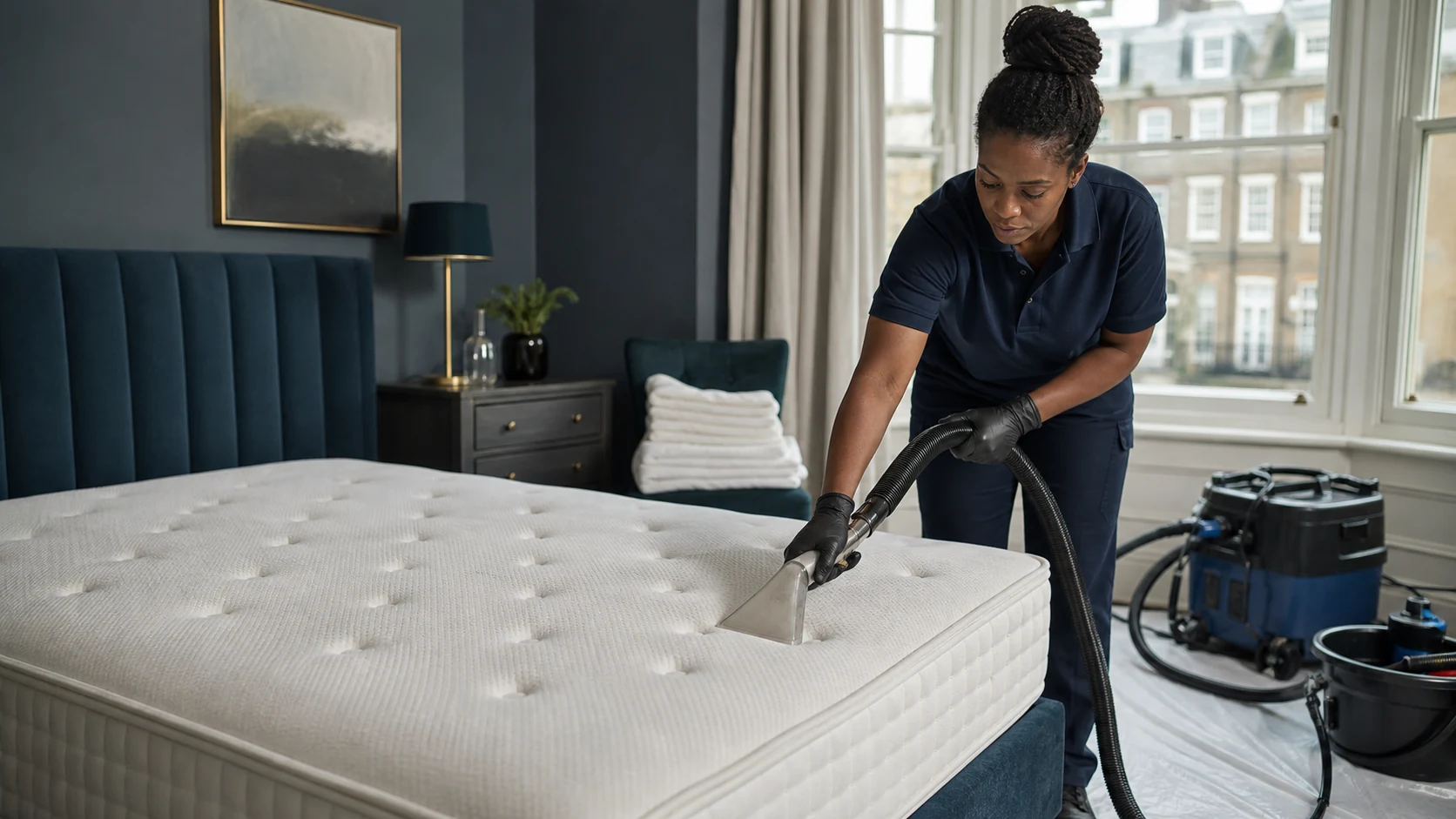 Mattress cleaning professional treating a mattress in a bright London bedroom