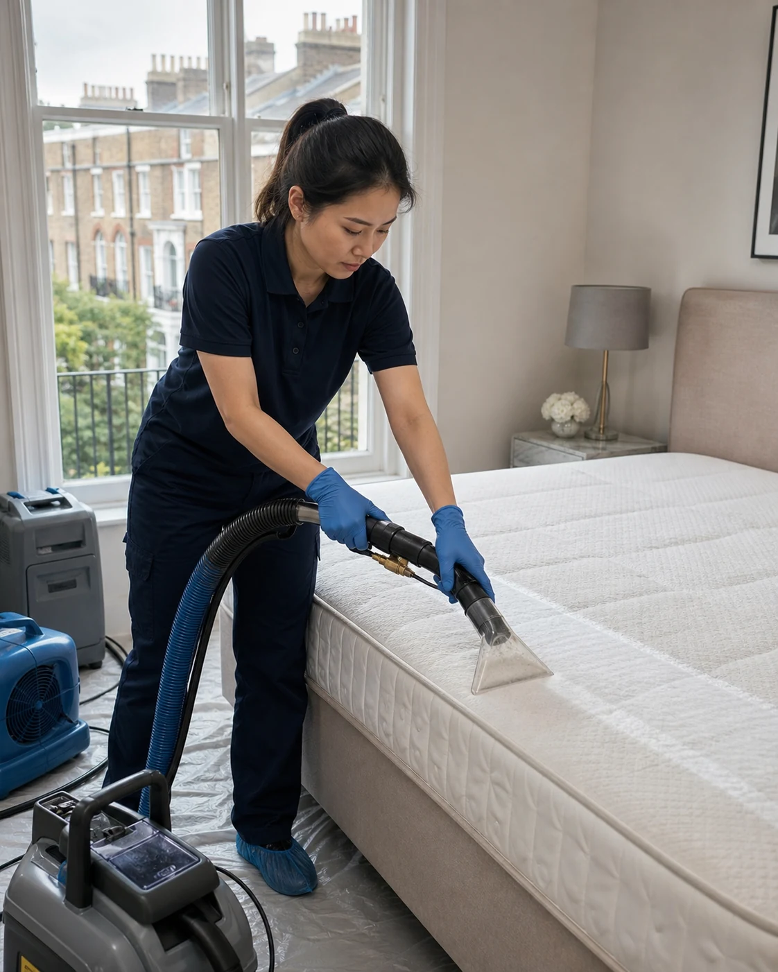 Upholstery technician using controlled extraction across a mattress surface