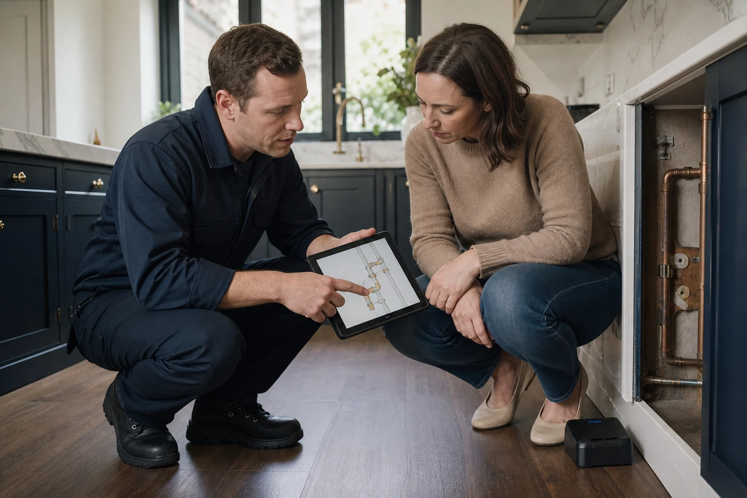 Pest technician explaining mouse activity evidence and monitoring locations to a homeowner