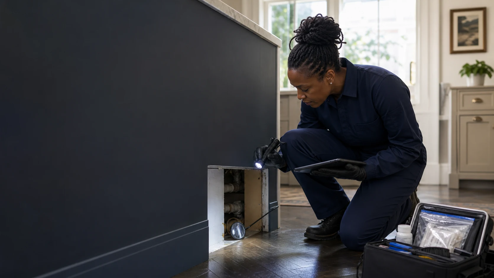 Pest control professional inspecting a kitchen plinth for mouse entry points in a London home